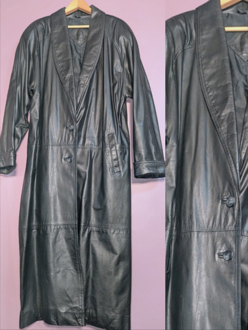 80's Jacqueline Ferrar Black Leather Long Coat Jacket - Women Medium